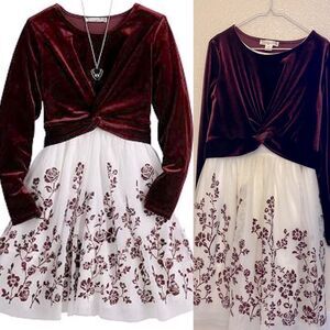 Knit Works Twist Popover red velvet Dress 2 piece ivory floral skirt formal 12